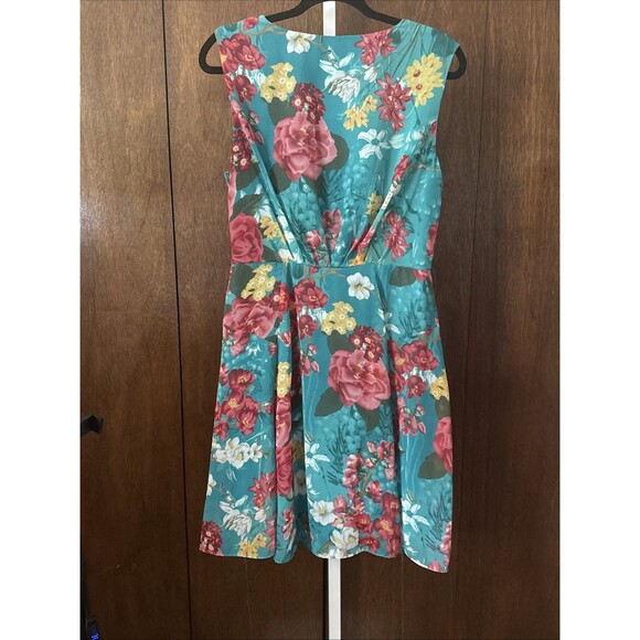 Evan Picone Lined Side Zip Dress Floral Teal Pockets Gathered Waist Size 14 - Picture 7 of 10